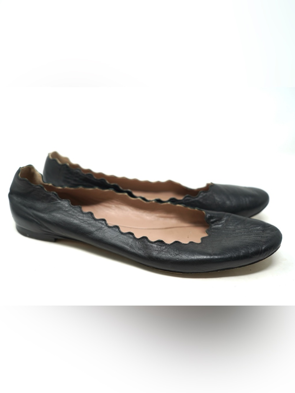 Chloe Womens Lauren Ballet Flat Shoes Black Leather Slip On Scalloped 9